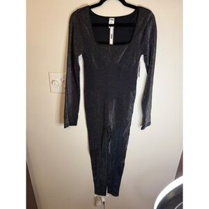 PINK VS Shimmer Seamless Long Sleeve Squareneck Jumpsuit Black Size M NWT